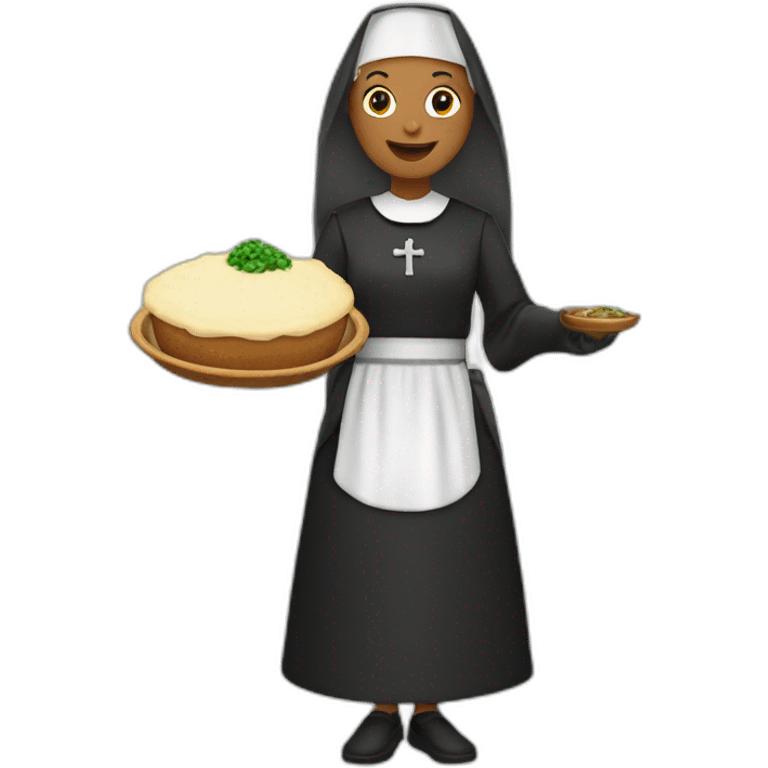 a nun wearing green presenting a shepherd pie emoji