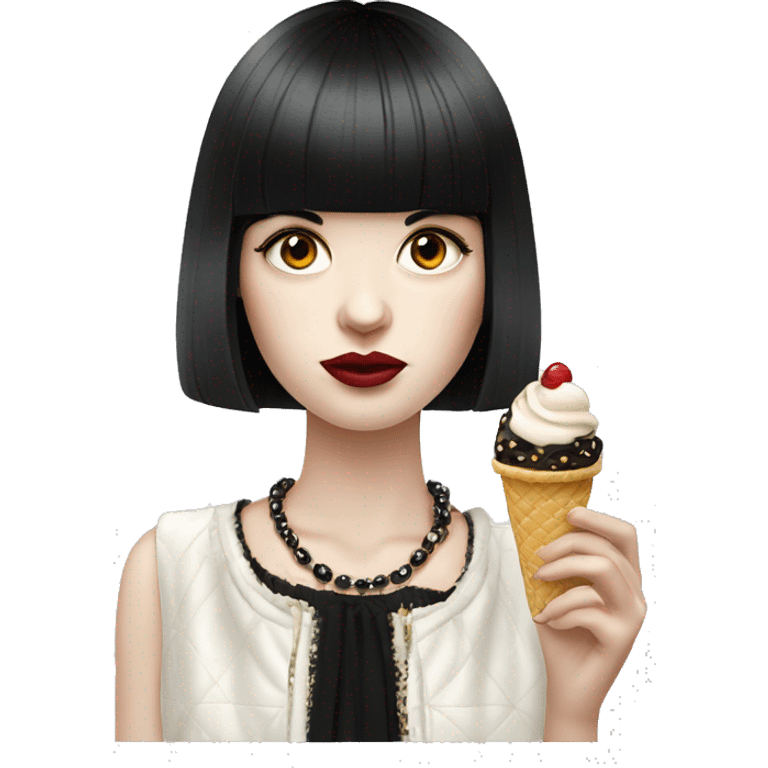 Portrait chanel clothes Girl pale skin with long black  bangs eating icecream  emoji