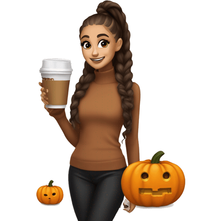 ariana grande with a pumpkin spiced latte in her han emoji