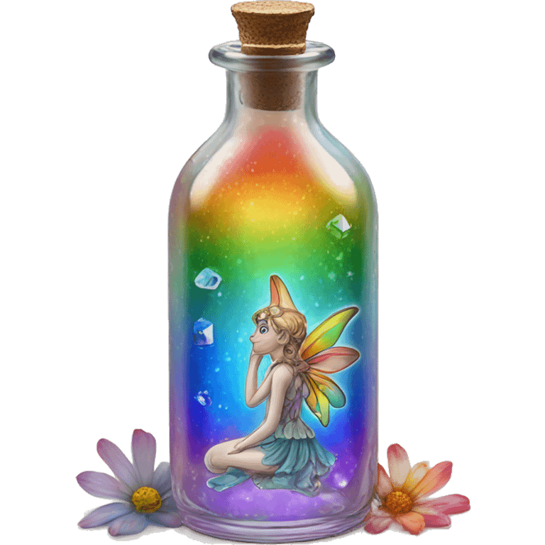 Antique oil bottle made of crystal glass of all delicate colors of the rainbow, a living flower fairy sits at the bottom of the bottle emoji