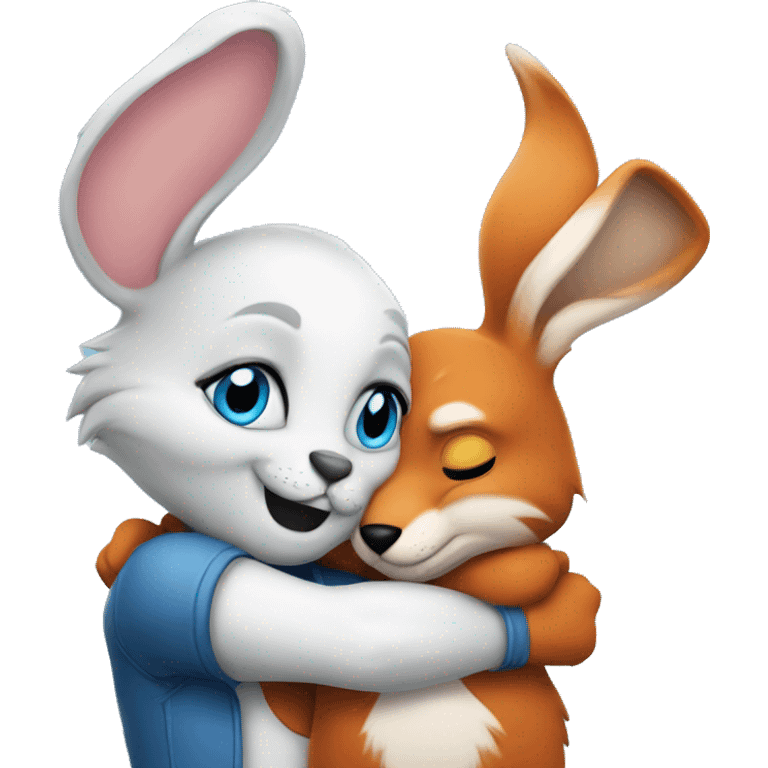 bunny with blue eyes and fox with a tattoo on his arm hugging emoji