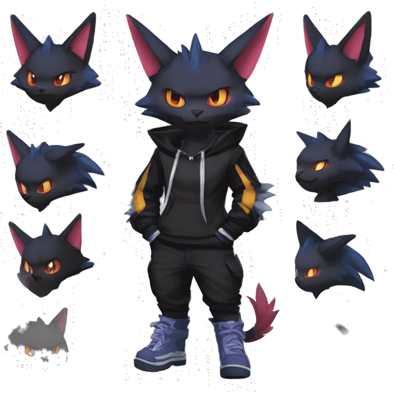 Cool Anthro Black Noibat-Quilava-Litten-Pokémon with edgy stripes hoodie spiked collar punk Full Body emoji