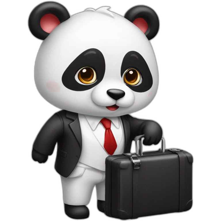 A professor with white suit and red tie and a panda face eating a hotdog and holding a black suitcase emoji