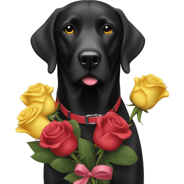 Black lab with red and pink collar holding a bouquet of yellow roses  emoji