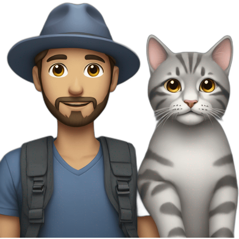 a young man with a beard and a hat holding a big grey cat emoji