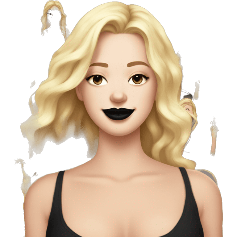 White Girl with long wavy blonde hair eyes closed smiling black tank top and black lipstick,  thick lashes emoji