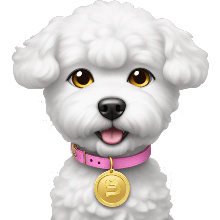 bichon dog wearing a pink collar with a gold coin shaped tag hanging from the collar emoji