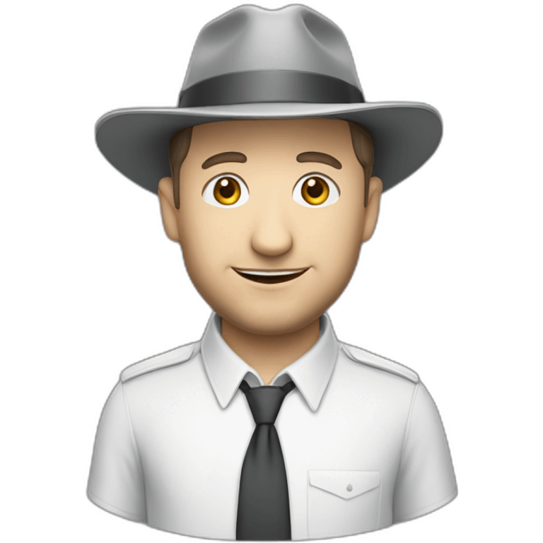 tim robinson wearing a grey fedora with a grey flap on the back white shirt emoji