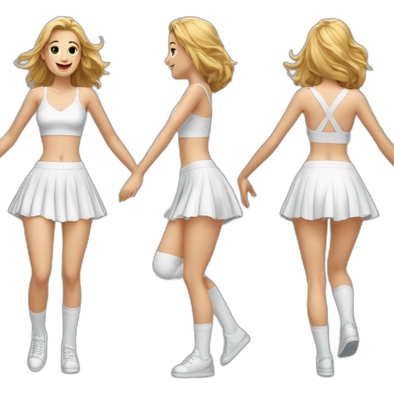 hyperrealistic-full-body-caucasian-curvy-beauty-jumping-small white-skirt-white knickers under the skirt white socks back-and-front-views emoji