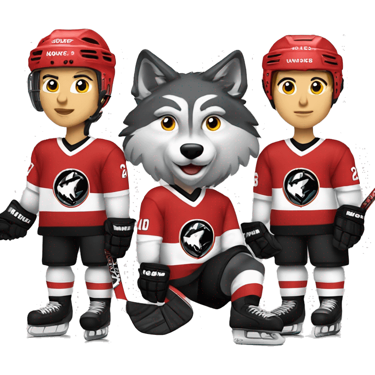 The Wolves hockey team in red white and black uniforms with the wolf emblem emoji