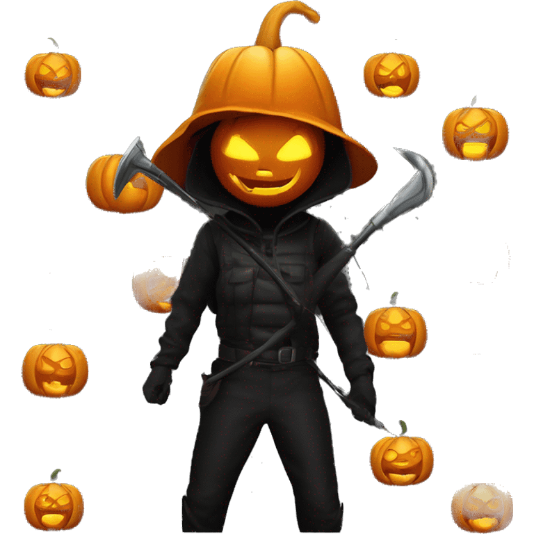 Human female pumpkin hunter with a scythe, glowing pumpkin eyes inside a black helmet, Halloween theme, emoji emoji