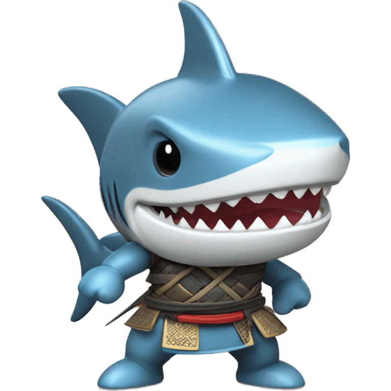 A 3D-style chrome figurine of a shark in a samurai outfit. emoji