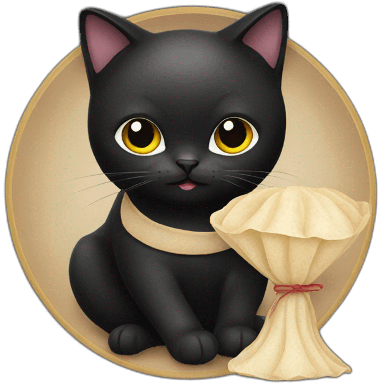 Black cat holding a dumpling emoji