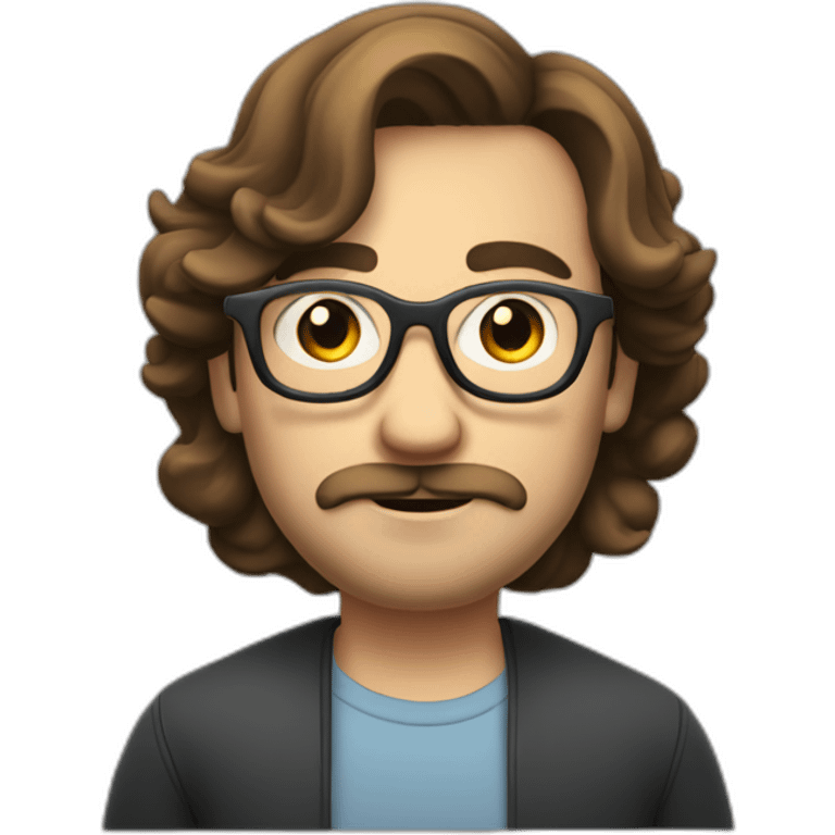 white guy with curled mi-long hair, brune, with glasses, with small moustache and beard emoji