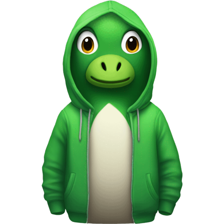 Pinguin wearing a green dinosaur hoodie emoji