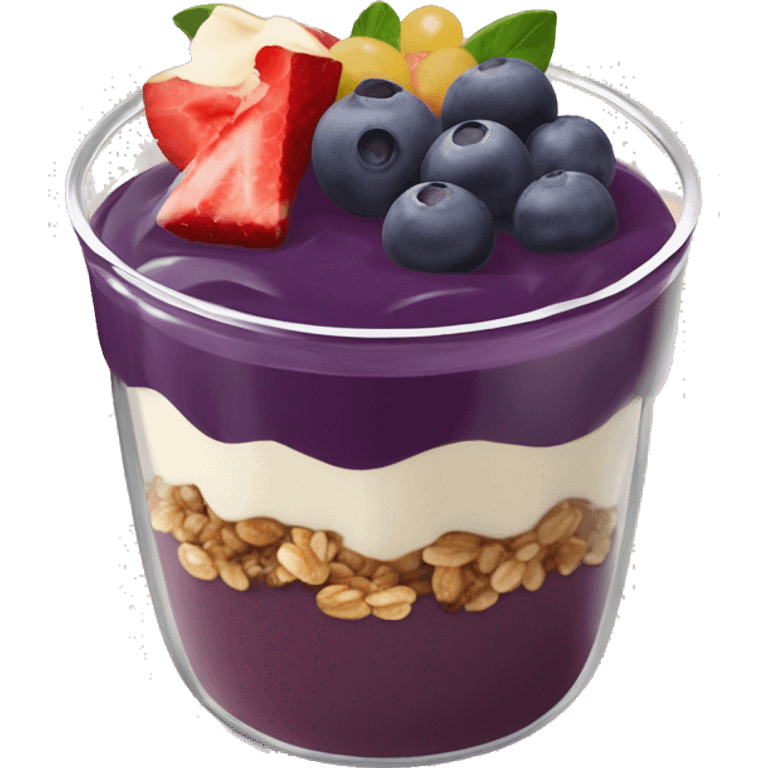 Açaí in a clear cup with layers of fruits and granola and condensed milk emoji