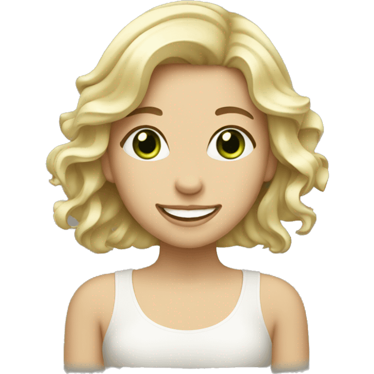 Girl with wavy blond hair smile and green tea  emoji