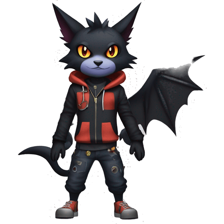 Cool Anthro Black Noibat-Quilava-Litten-Pokémon with edgy stripes hoodie spiked collar punk Full Body emoji