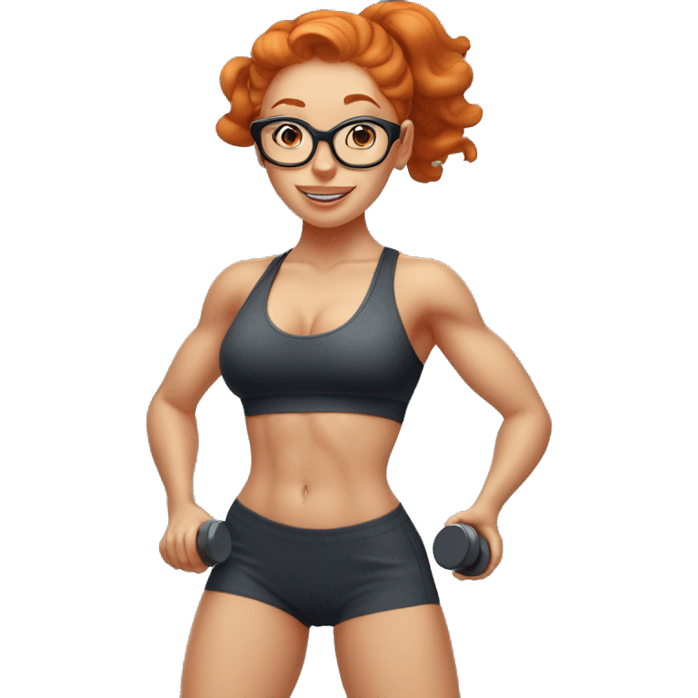 Ginger hair girl with eyeglasses and aesthetic gym outfit pumping her booty with dumbbells  emoji