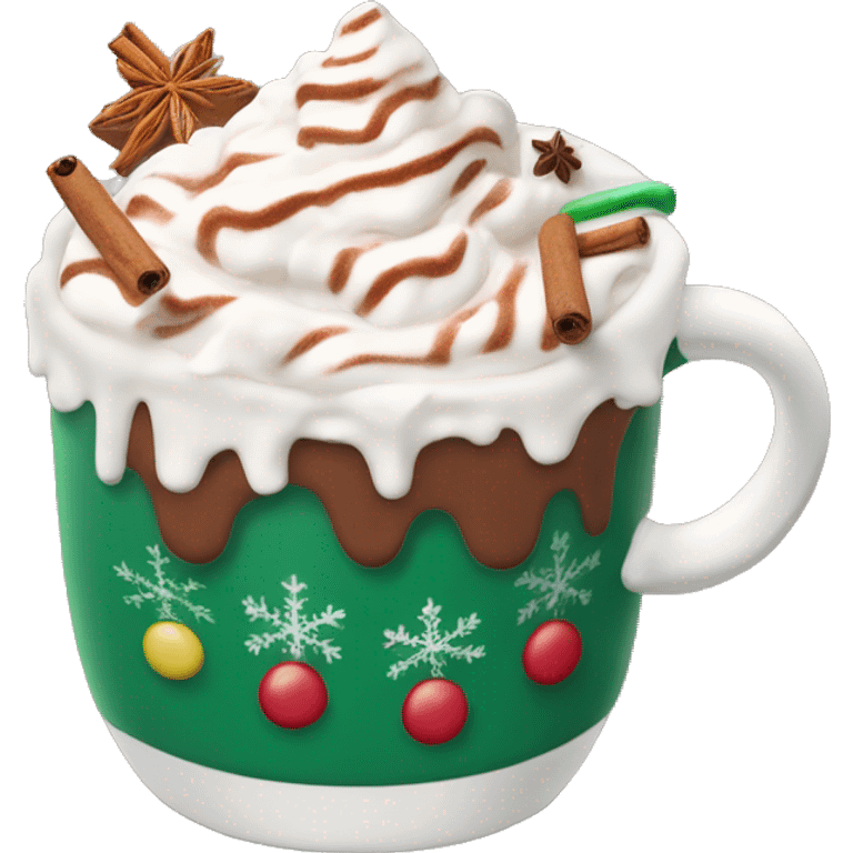 Decorated Christmas mug of hot chocolate with whipped cream and cinnamon emoji