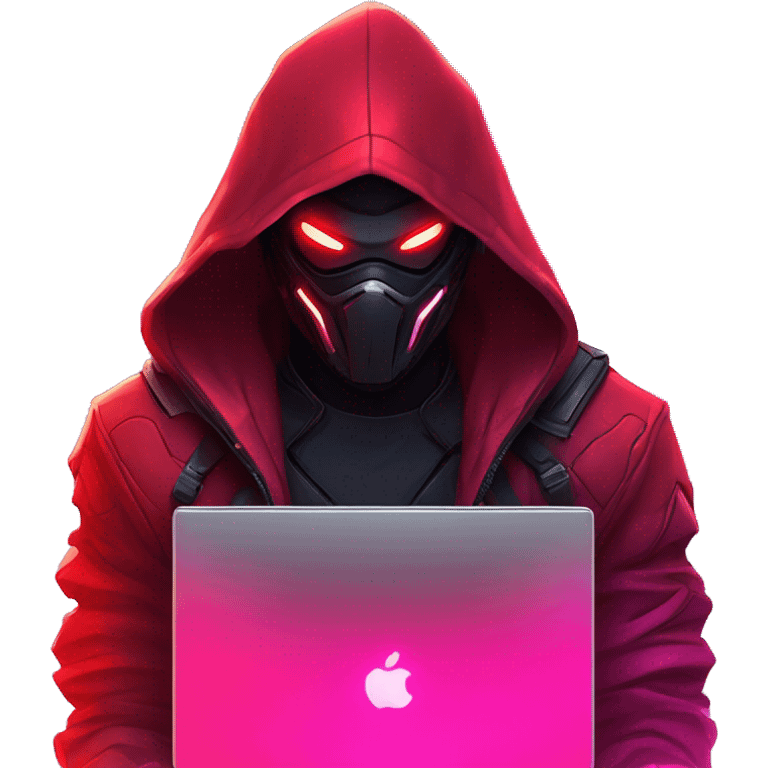 developer behind his laptop with this style : crysis Cyberpunk Riot Games Valorant neon glowing bright red character red dark black hooded assassin themed character emoji