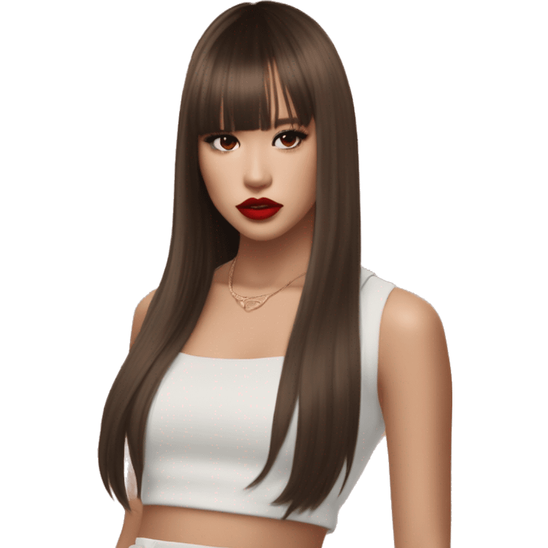 pretty girl with back length hair with curtain bangs styled like Lalisa Style hair during Rockstar MV, brown eyes, red lips, dark chocolate brown hair, hoop earrings emoji