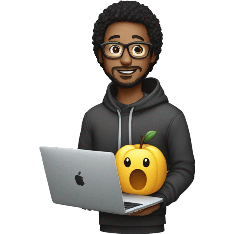 a designer in glasses and a hoodie holds a mac book in his hands emoji