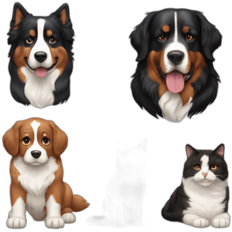 Bernese dog next to A brown and black cat without white fur emoji