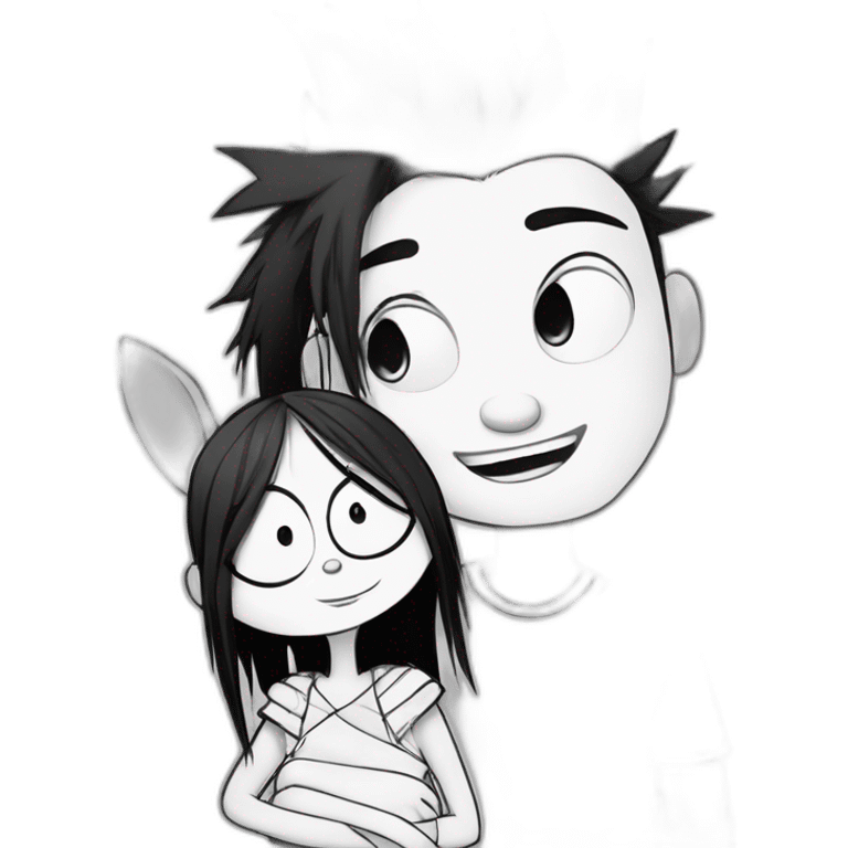 a dog and a girl with black spiky hair looking at each other in style of ((sarah andersen)), black and white,sarah andersen,cartoon,drawn,sketch emoji