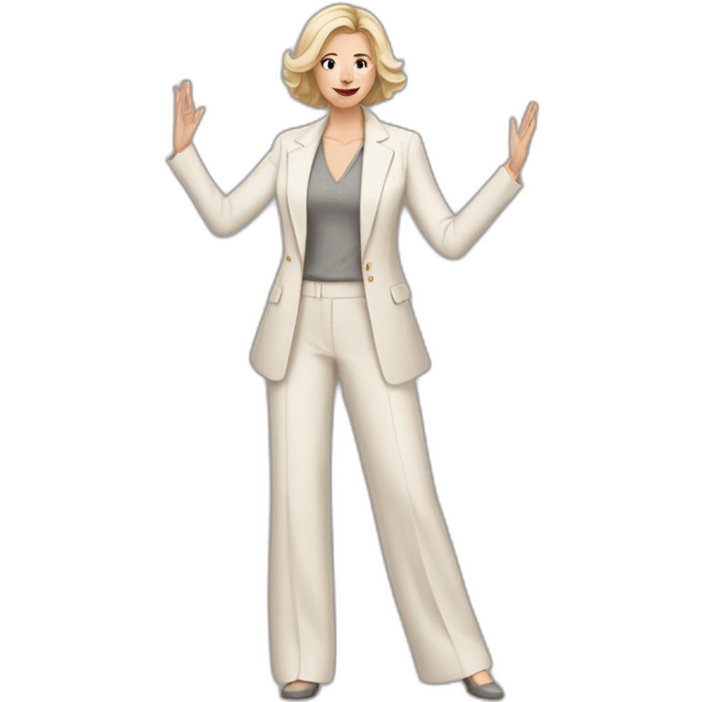 Full height Actively gesturing with hands pale skin woman with ash blonde Straightened bob Hair, White Spacious classical jacket, beige palazzo Arrow pants and gray blouse emoji