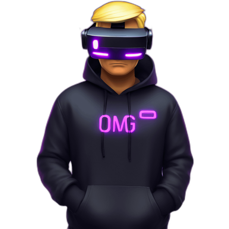 Donald Trump wearing a black hoodie with "OMG" letters on it and VR headset in a cyberpunk VR environment with violet neon lighting. emoji