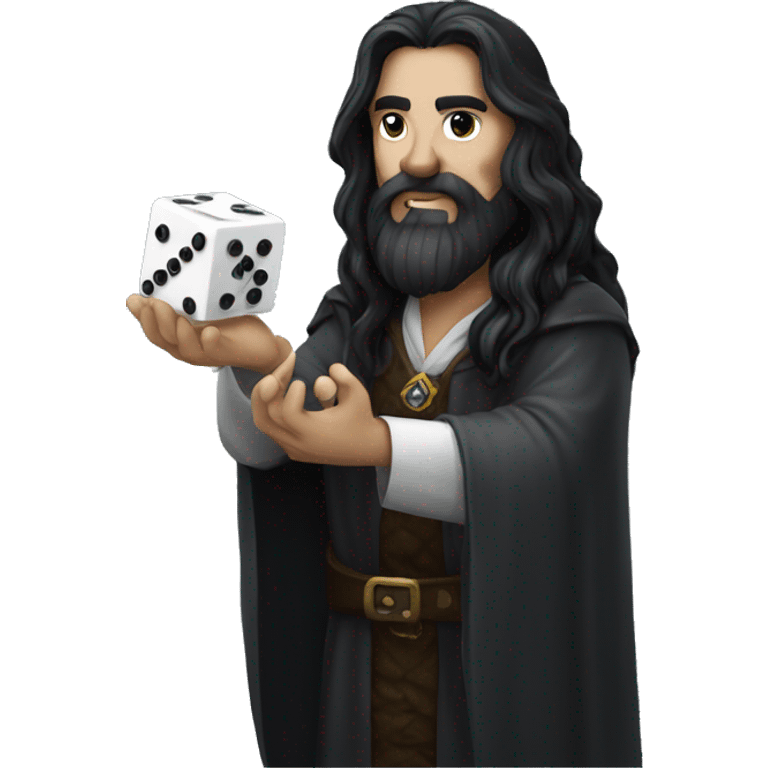 Long dark hair dungeon master holding a dice emoji