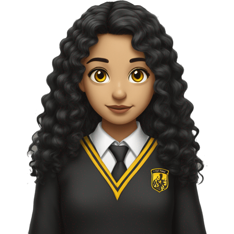  Hyper realistic Hispanic girl with long black curly hair  wearing Hufflepuff school uniform emoji