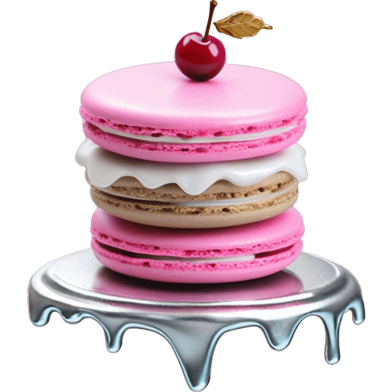 Single Realistic pastel macaron drizzled in metallic silver drip and pink cherry placed on top of the drip and cookies. emoji