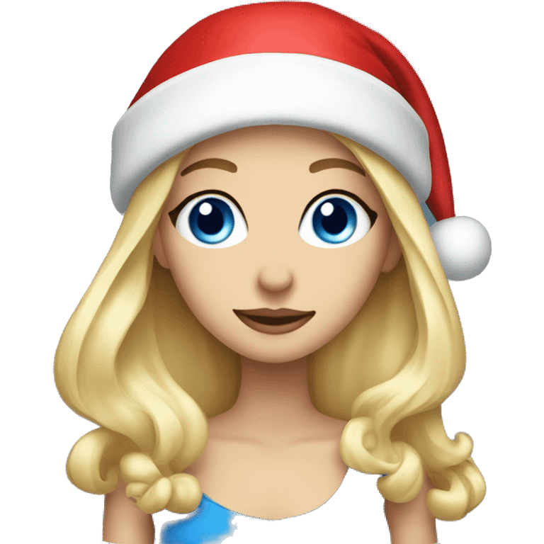 Beautiful blonde blue eyed woman, wearing red santa hat emoji