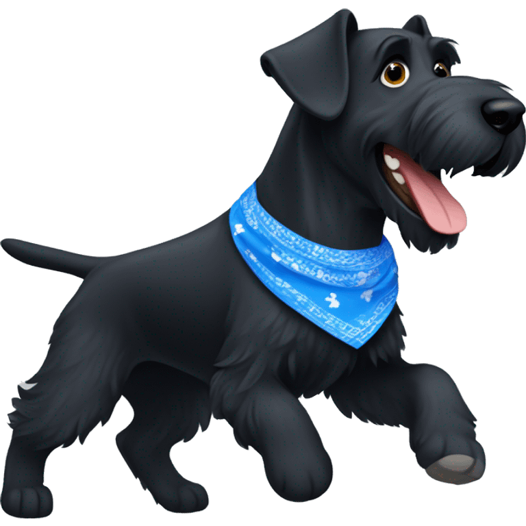 Happy black giant schnauzer running with a blue bandanna on the neck emoji