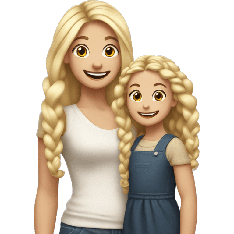 An emoji of a blonde mother with very long hair and a cheerful expression, standing next to her 3-year-old daughter, a small girl with black hair styled in two braids, both smiling happily together emoji