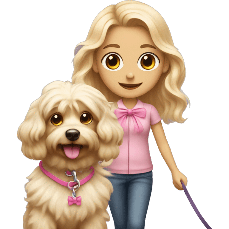 blonde girl with wavy hair taking a little fluffy dog for a walk with a pink bow and leash emoji