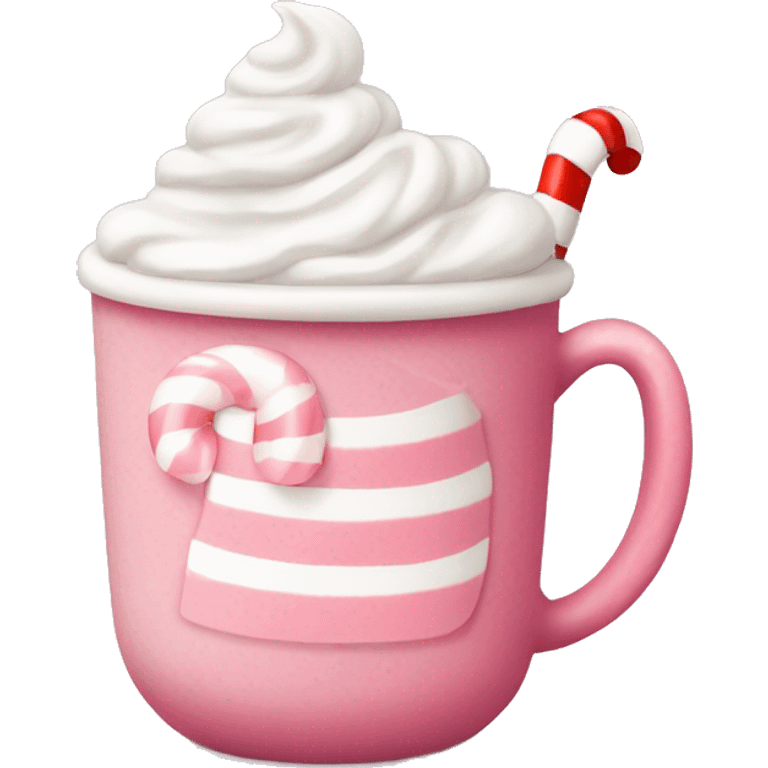 Pink hot cocoa mug with whipped cream and candy cane, cozy winter vibe emoji