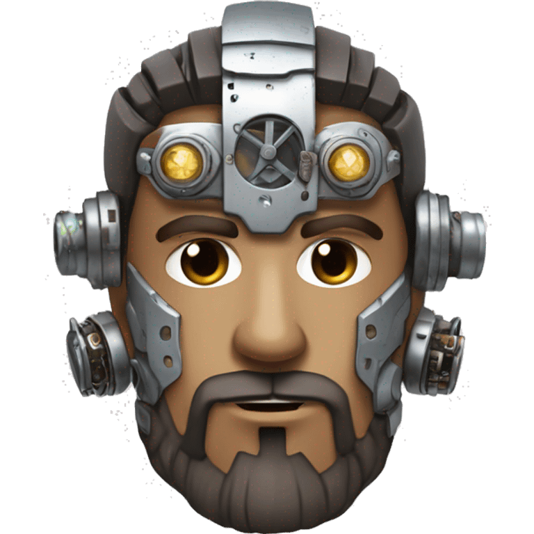 male cyborg head with brown short hair, brown beard, silver steampunk goggles and circuitry emoji