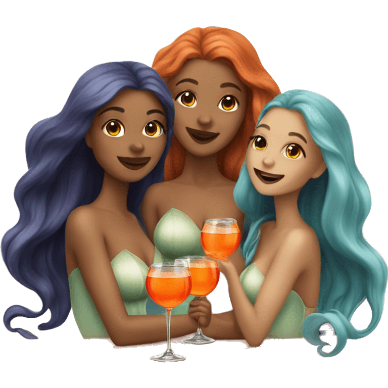 Three beautiful mermaids (light skin) drinking aperol emoji