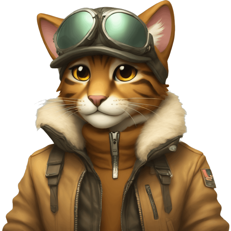 Anthro Fur-Sona feline-Fakémon with an aviator jacket gloves and cap Full Body emoji