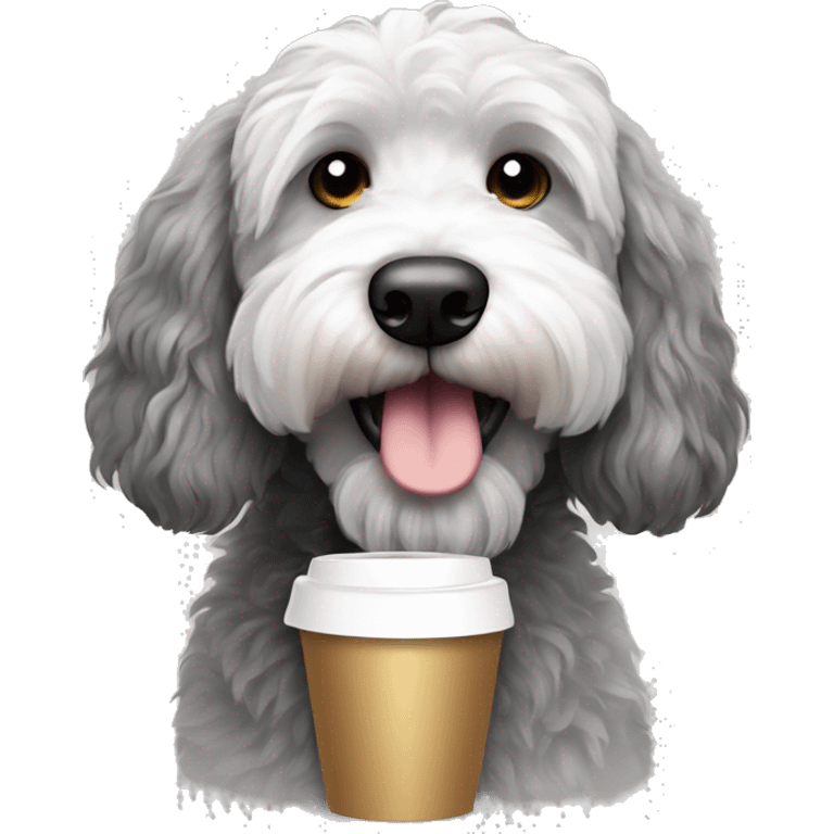 Black, gray , and white goldendoodle dog with coffee cup  emoji