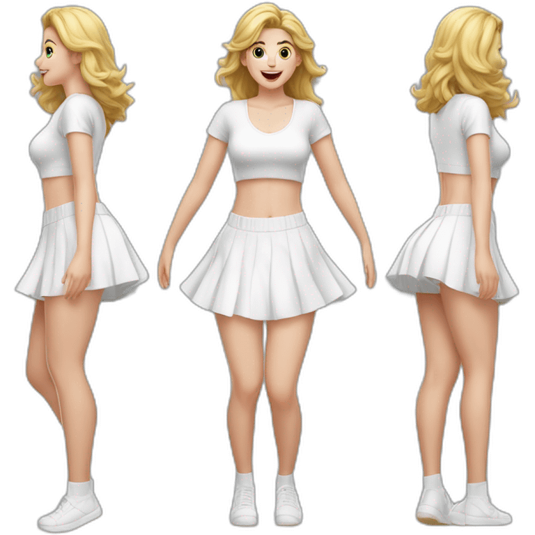 Hyperrealistic Full body Caucasian curvy beauty jumping short white skirt back and front views strong wind knickers long white socks emoji