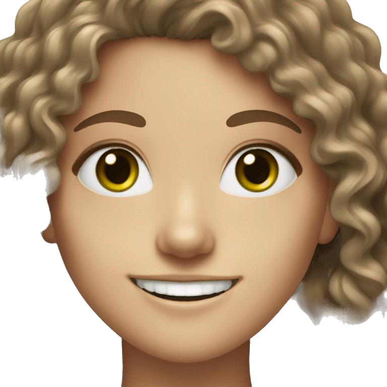 A white girl with Brown hair with green eyes curly hair and big smile  emoji