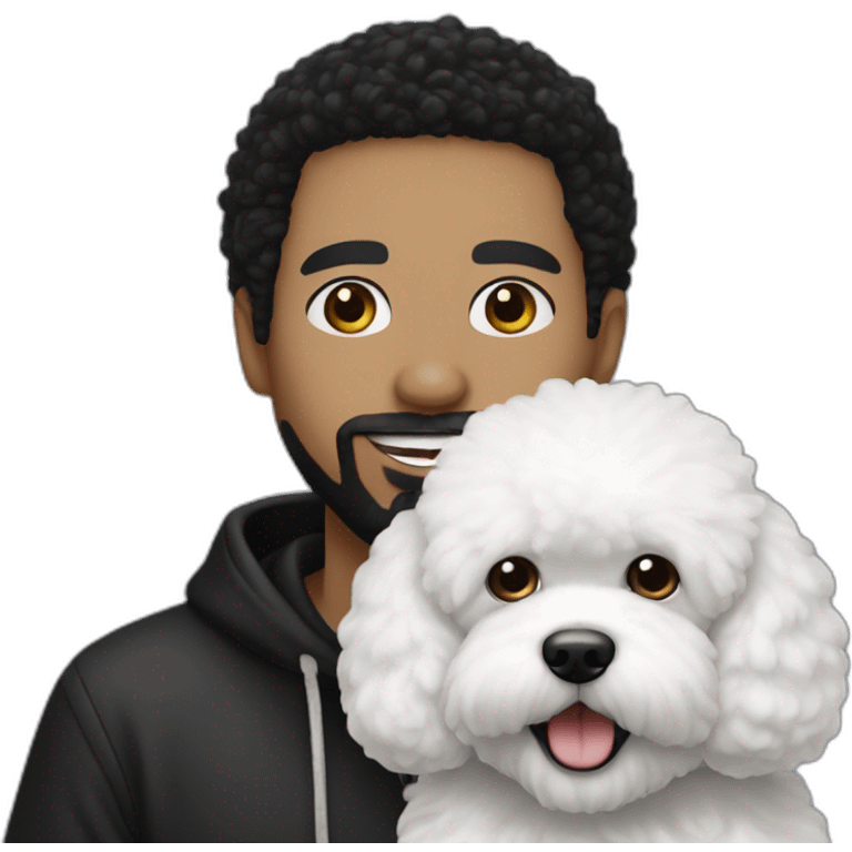 rapper-with hoop-white skin-black hair-beard-bichon dog-white-smile emoji