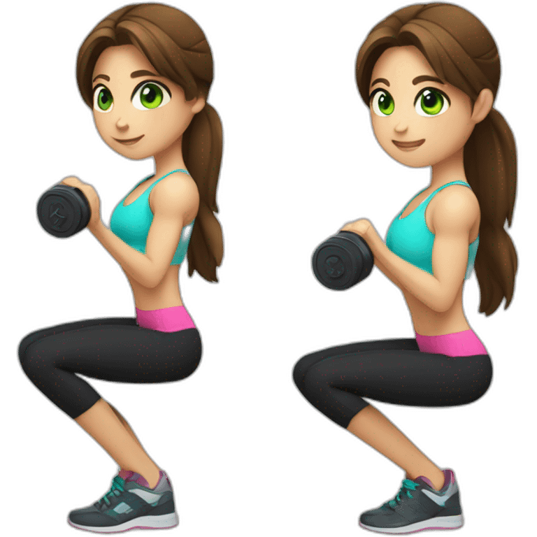 girl gym trainer with brown hair green eyes holding dumbbell emoji