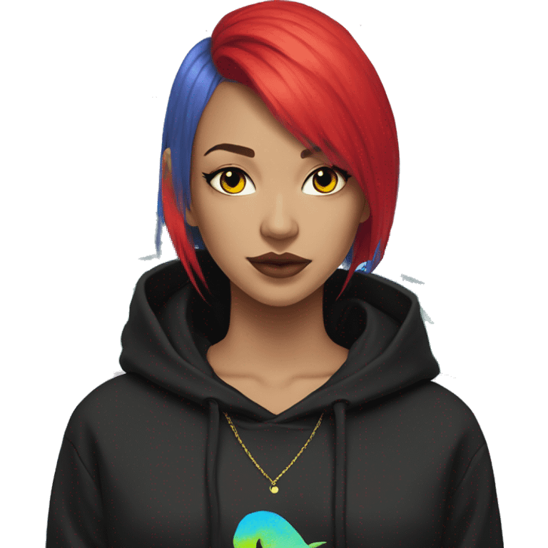 Lady with brunette and iridescent blue hair, gold, lime green dragon wings, black hoodie, bleach dyed, black and gold Nike t shirt, and bright red eyes emoji