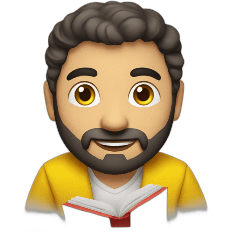 Armenian men with the yellow clothes reading book and looking at camera and smiling  emoji