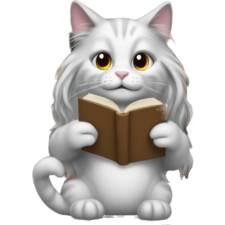 cat with long hair reading a stack of books emoji